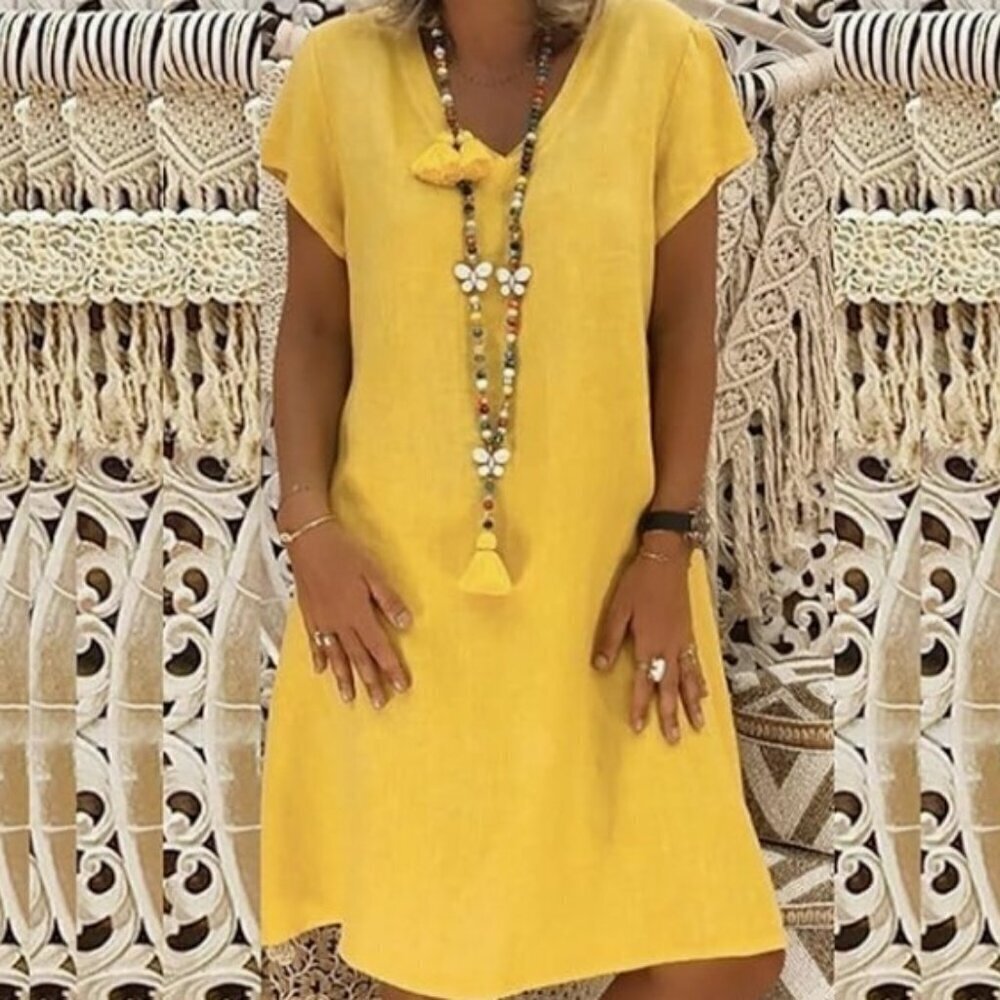 MISSLOOK Yellow Cotton Linen V-Neck Tunic T-Shirt Dress Size L